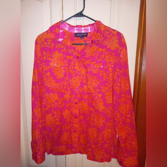 3/$10 Jones New York Signature Collared Blouse Pink/ Orange Floral  Size Large - Picture 1 of 7